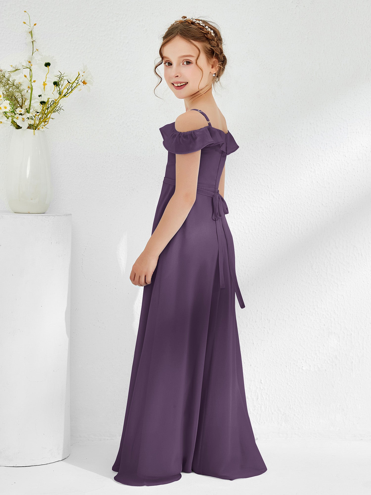 Off-the-shoulder Junior Bridesmaid Dresses with Sash Plum